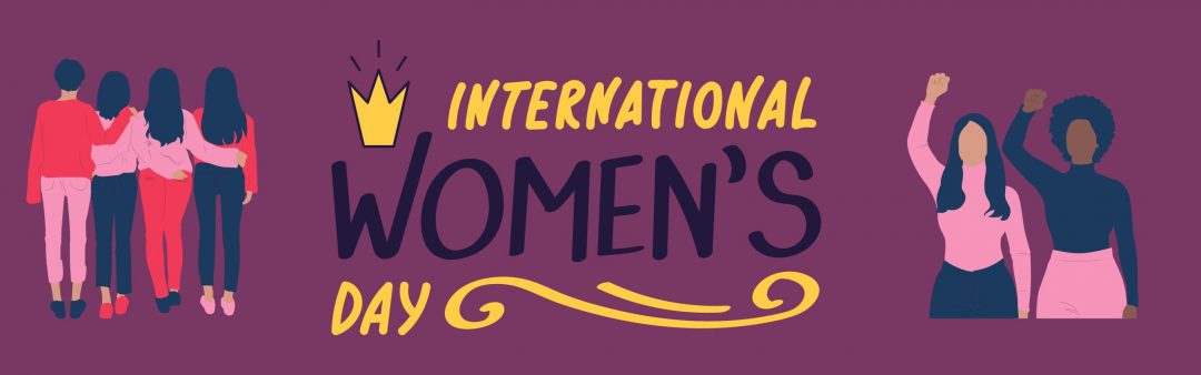 Auf lila Hintergrund steht #"international Womans Day" Zu beiden Seiten sieht man gezeichnete Frauengruppen.
